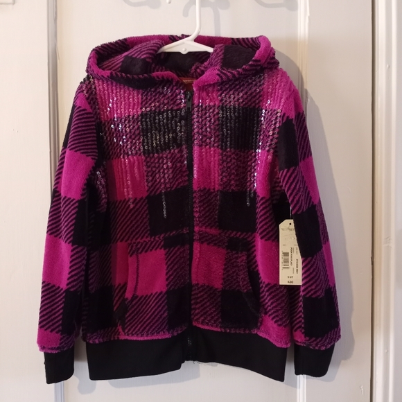 Arizona Jean Company Other - Girls Pink and Black Plaid Fleece Hoodie Sweater NWT Size 6/7
